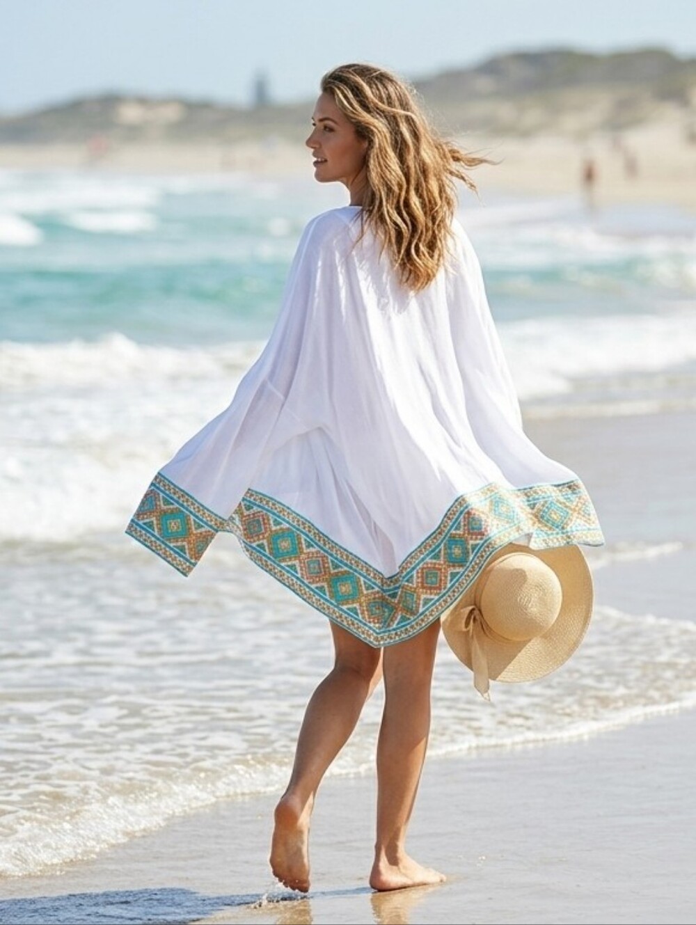 Memories White Embroidery Boho Tunic Top One Size Oversized Kaftan Beach Coverup